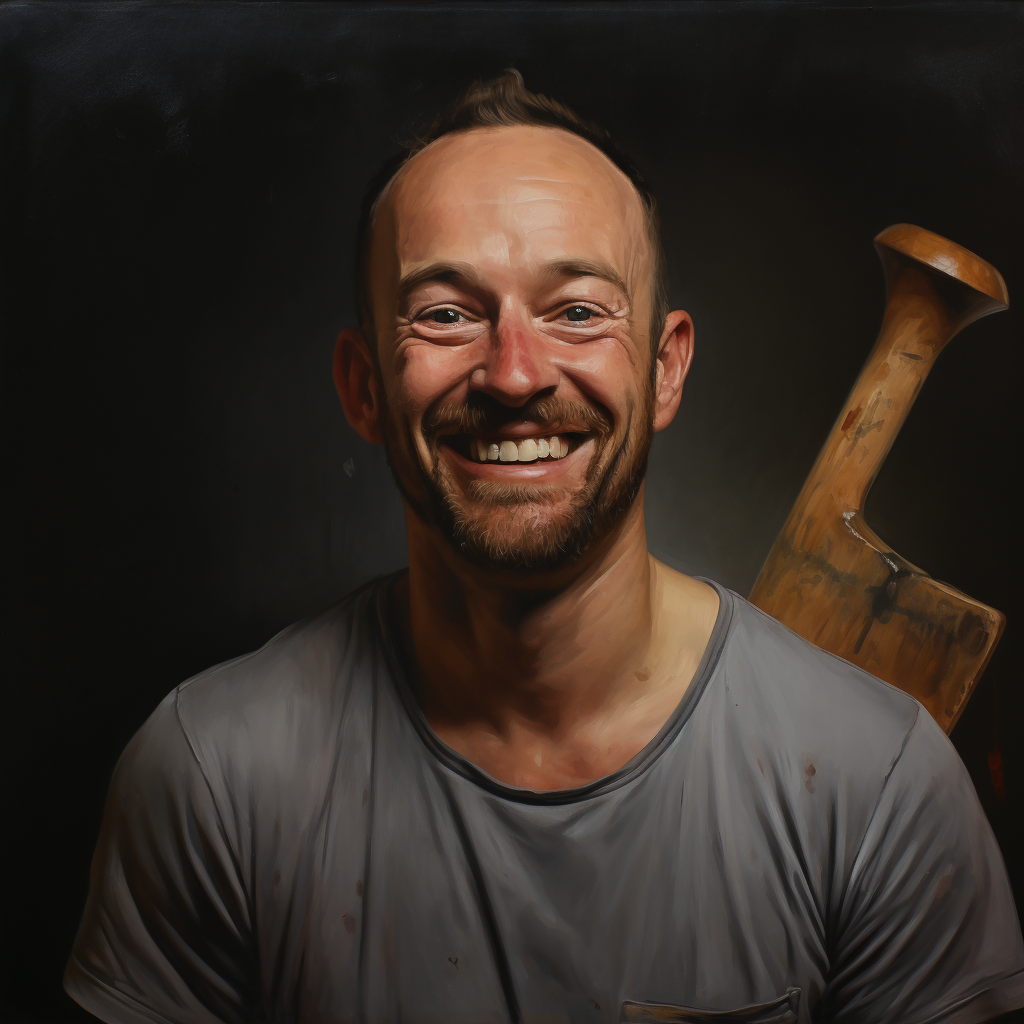 Smiling man with hyper-realistic shovel-shaped head