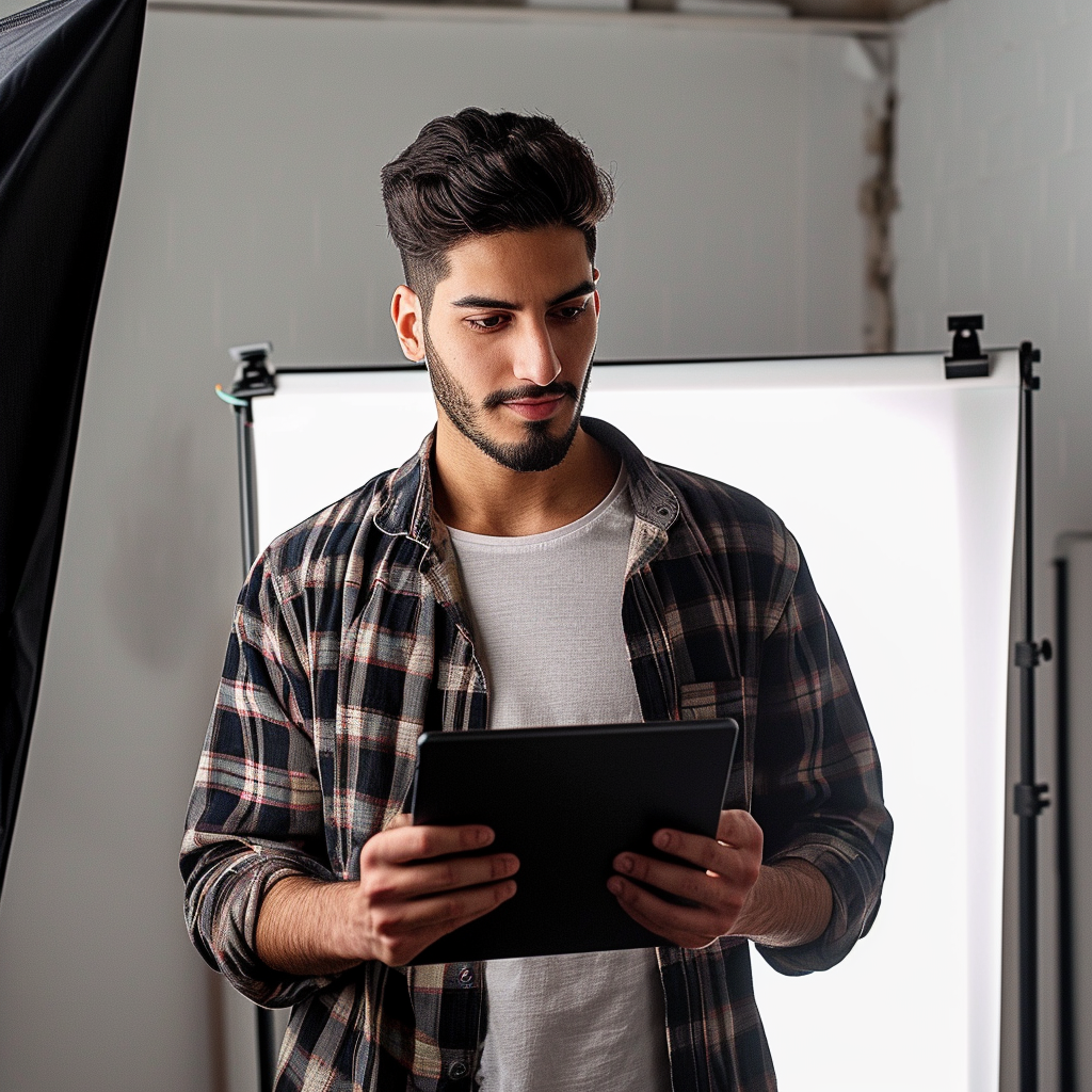 man in photography studio with tablet