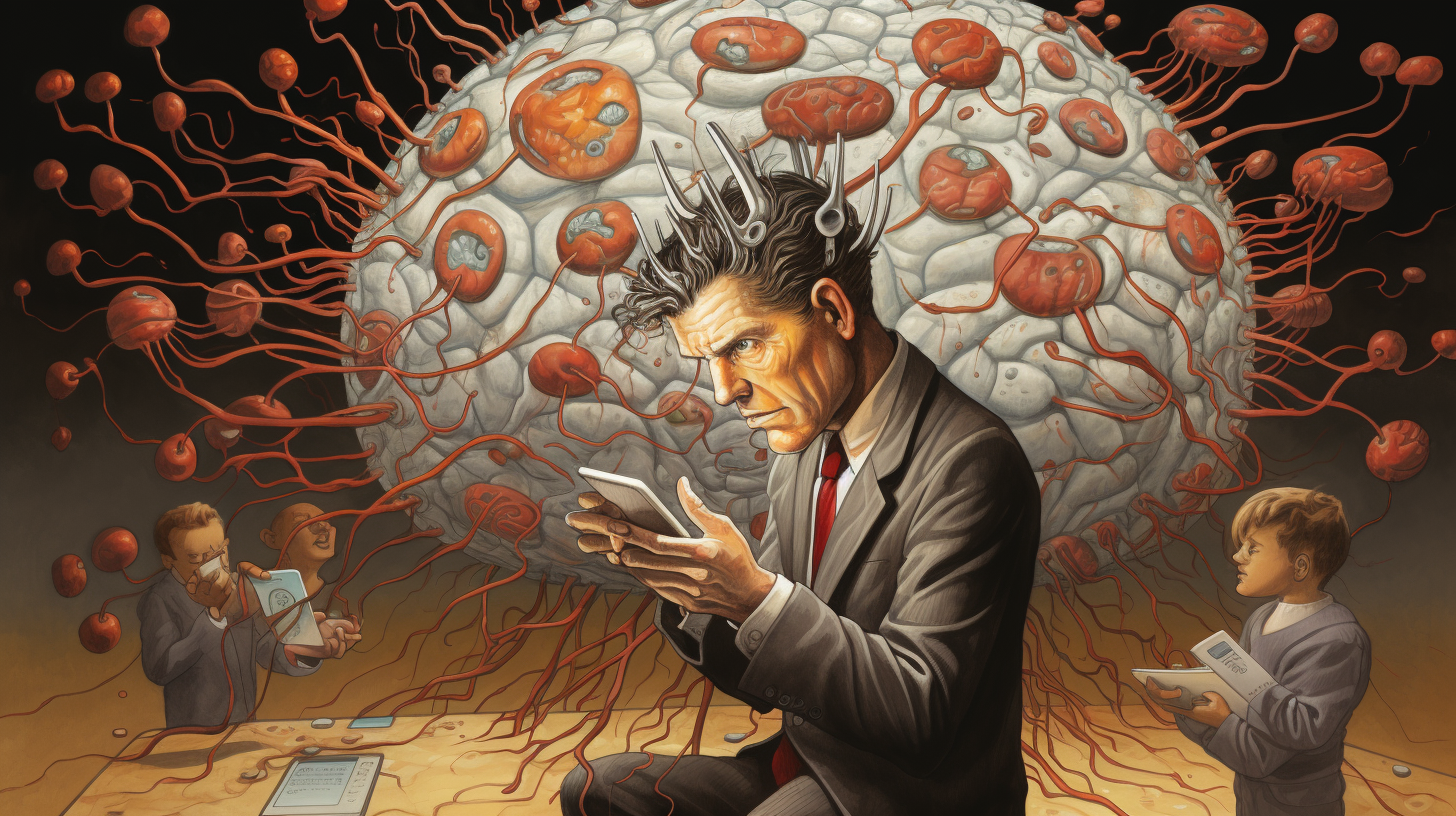 Cartoon drawing of man looking at bank consuming brains