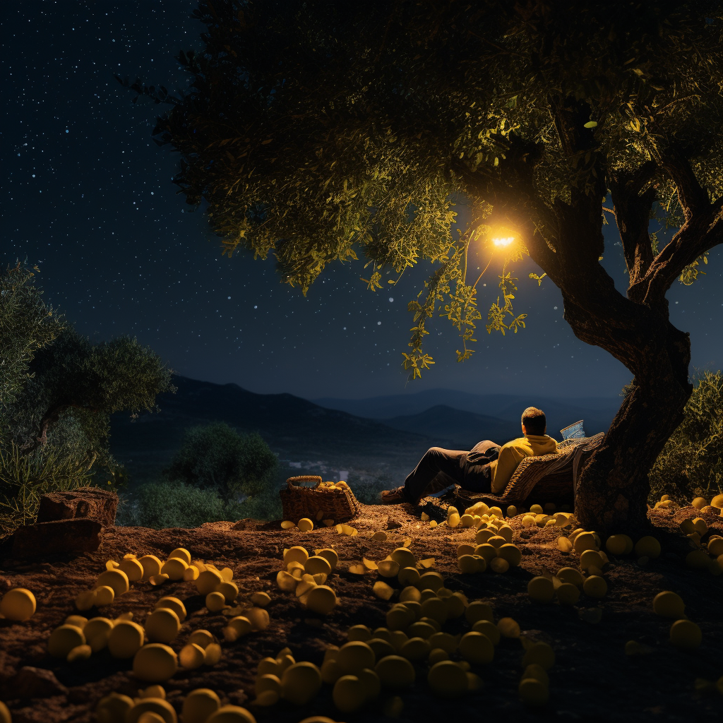 Man watching night sky under lemon tree