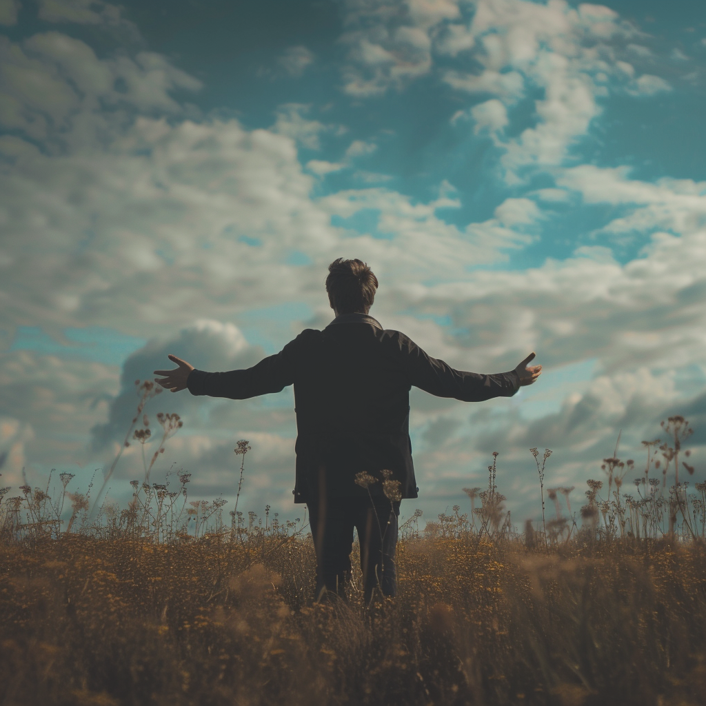 Man looking at sky with open arms