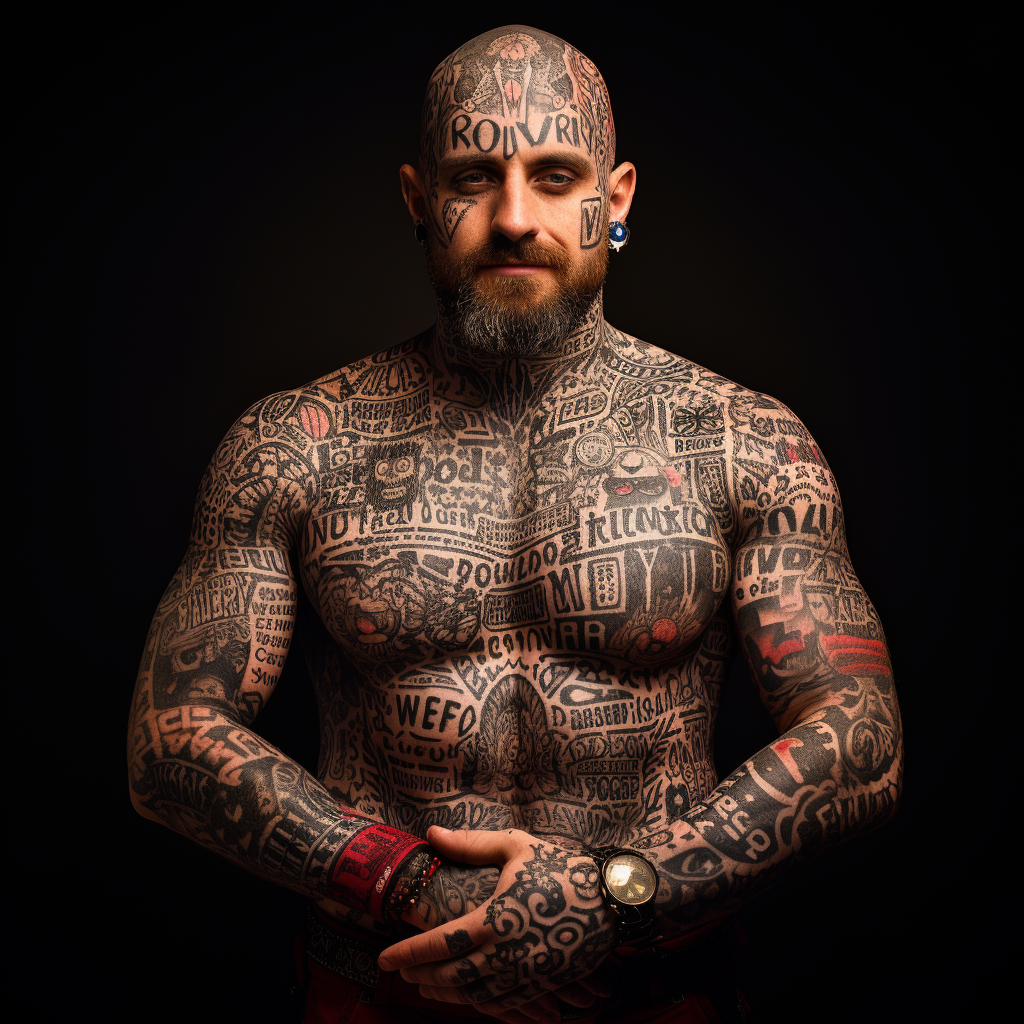 Man with Tattooed Body Phrases  ?