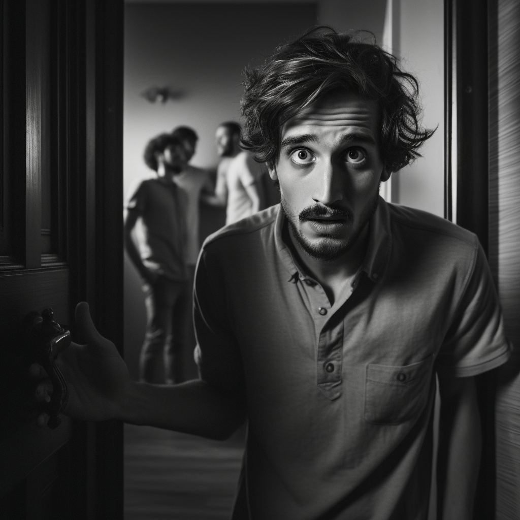 Shocked man at open door in black and white