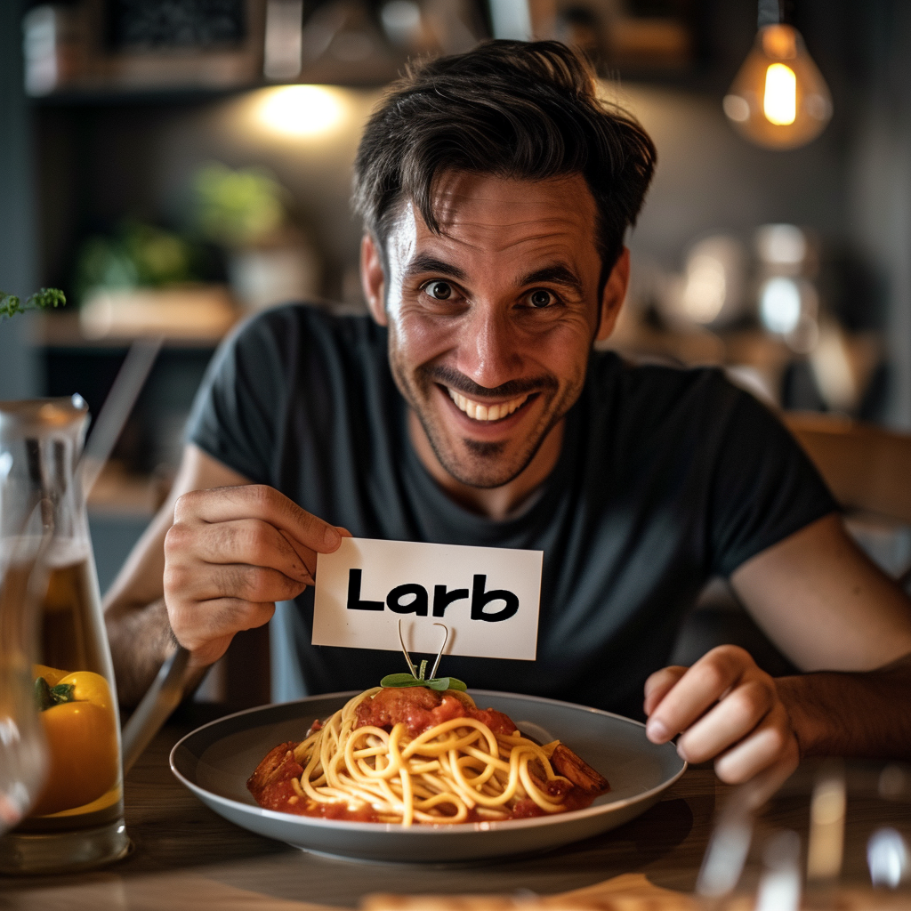 man sitting at dinner table with low carb sign