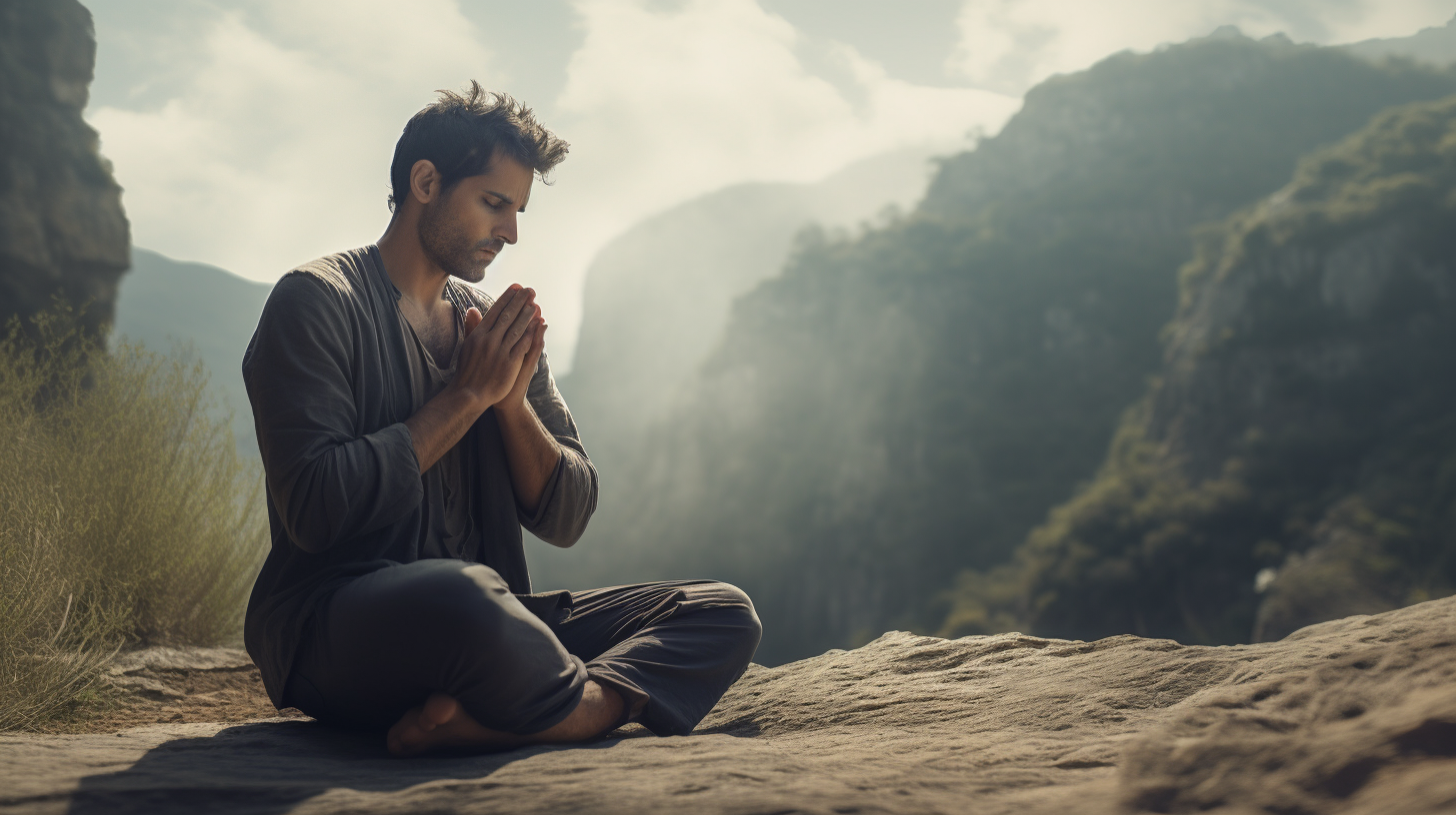 Serene man sitting overlooking cliff with prayer hands