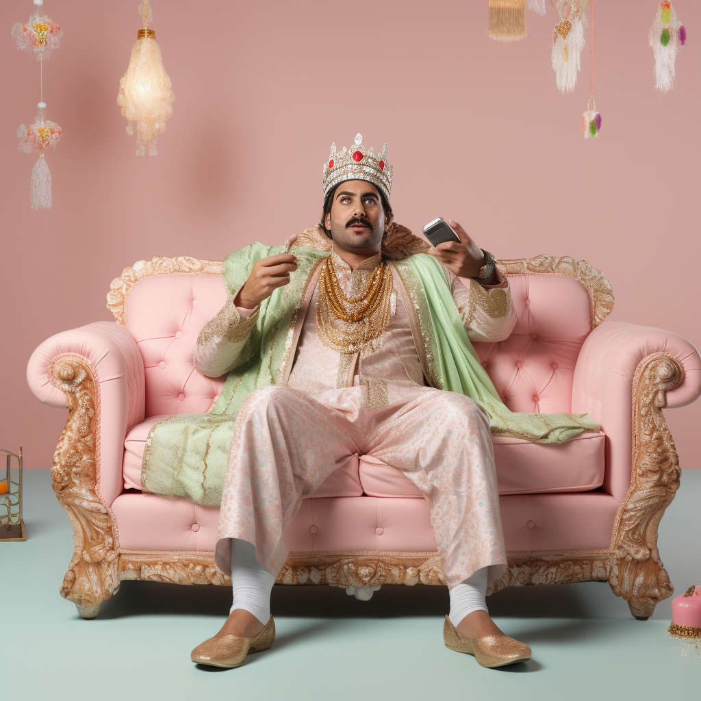 Indian man in Mughal attire watching TV on sofa