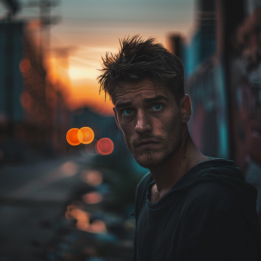 man standing sunset severe look street