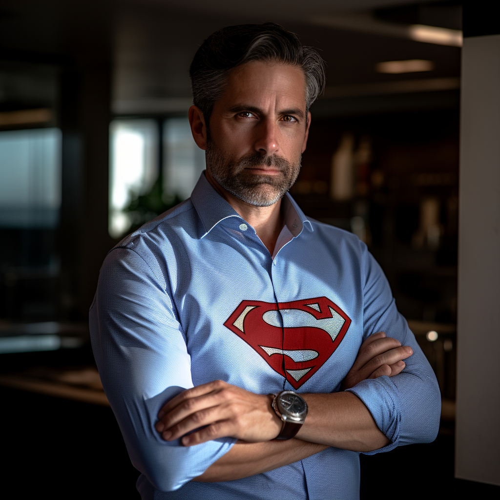 Man wearing Superman cufflinks shirt in his 40s