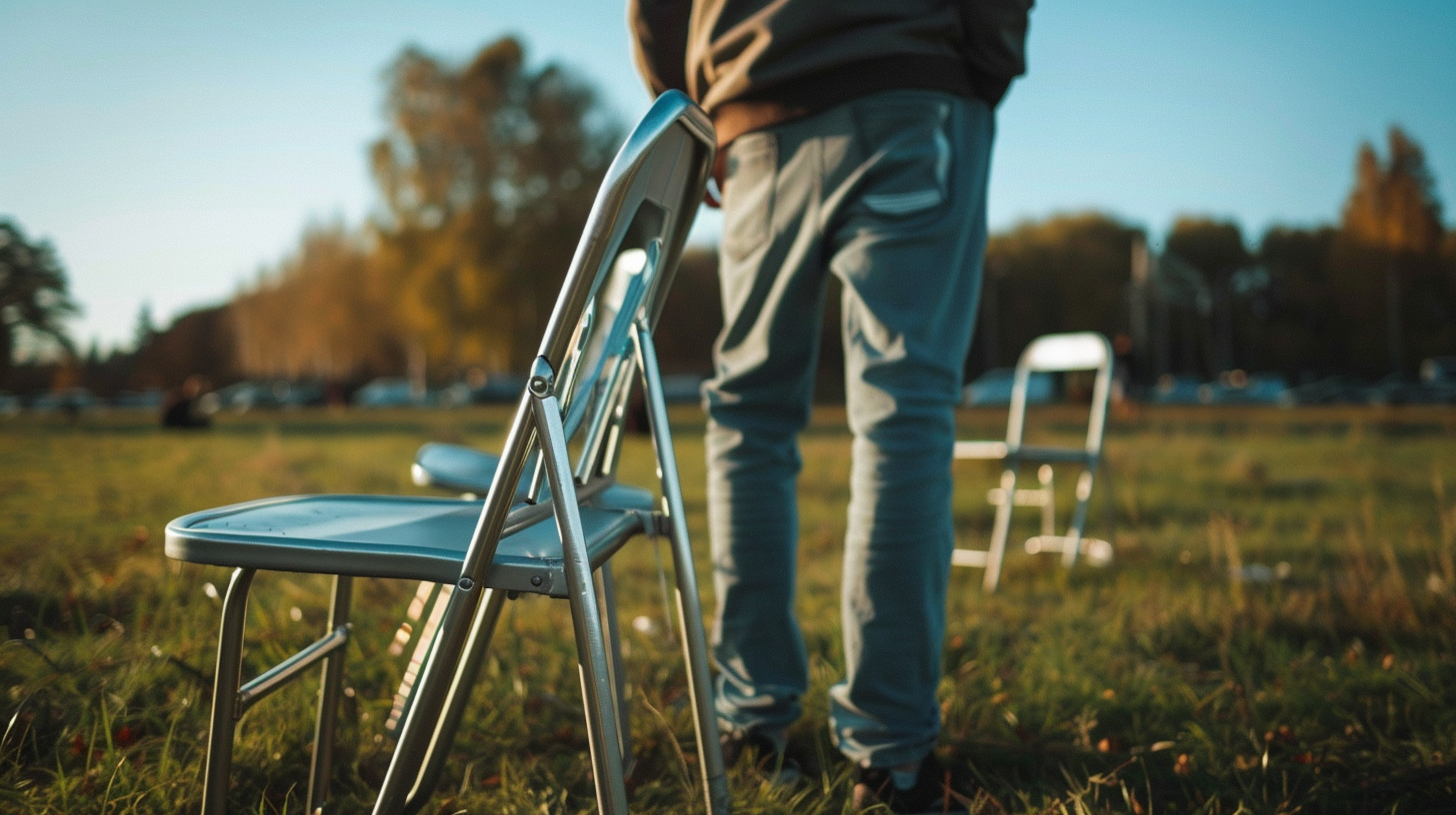 Man unfolding chair on field