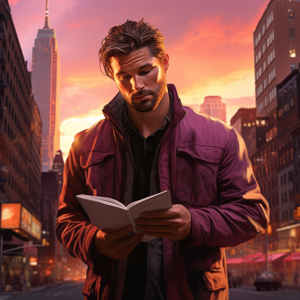 Smiling man reading Bible in NYC sunset