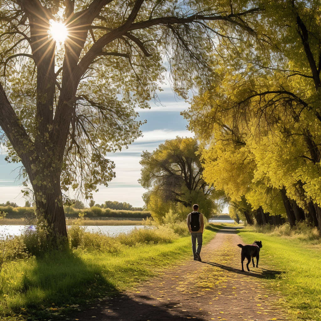 Man walking dog on path by river surrounded by cottonwood trees