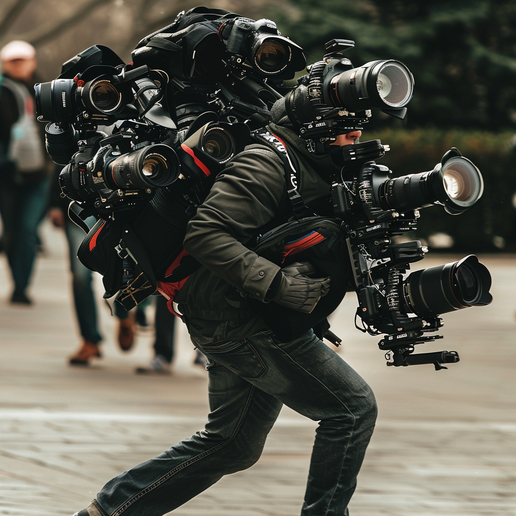 Man with camera lenses running towards camera