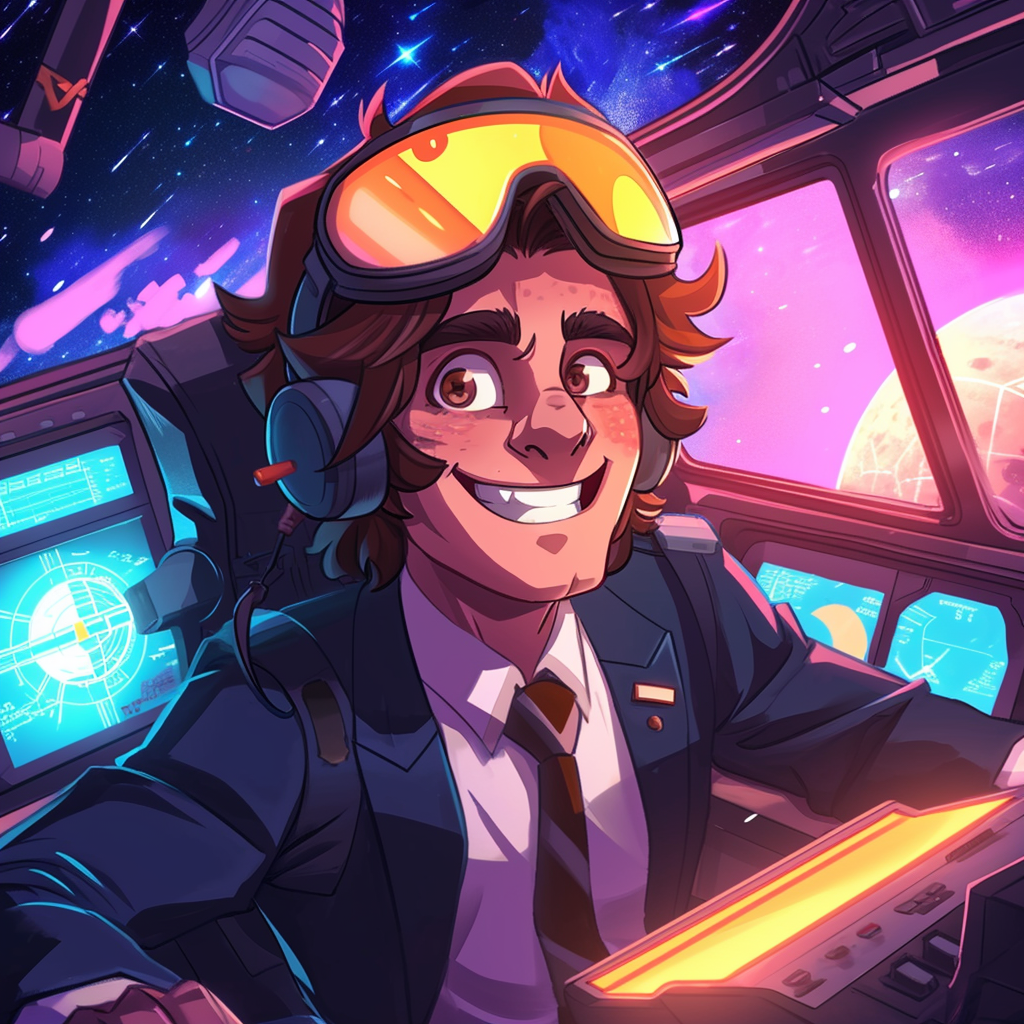 Man with suit and tie, podcaster Captain Cosmos in spaceship