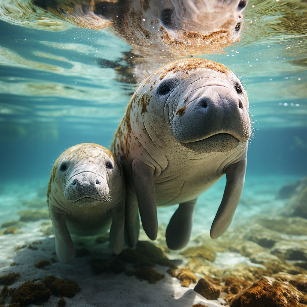 Sweet manatee embraces cute baby