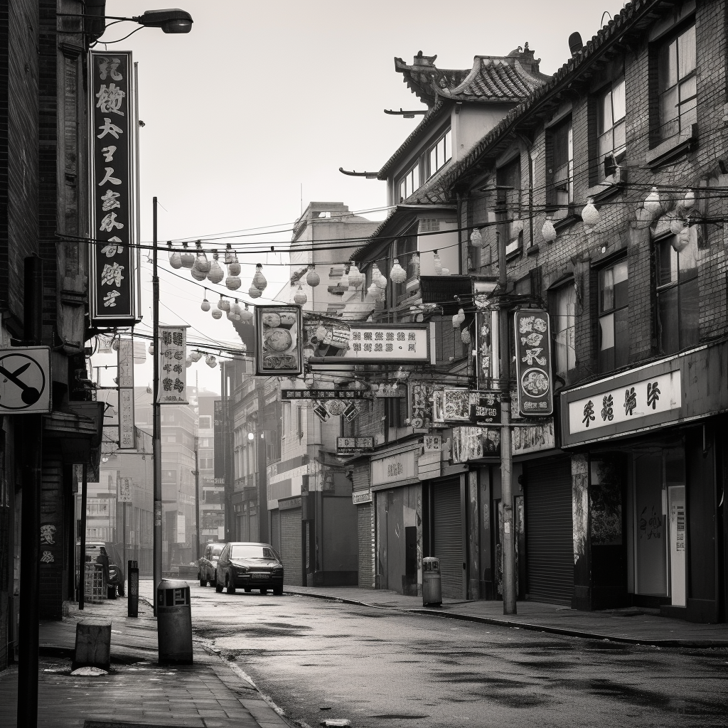 Run-down Manchester Chinatown with boarded up shops