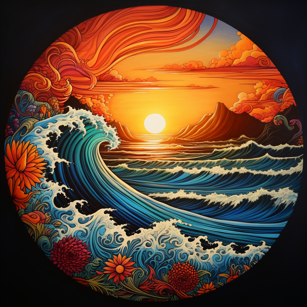 Colorful mandala art with surf, beach, sun and mountain