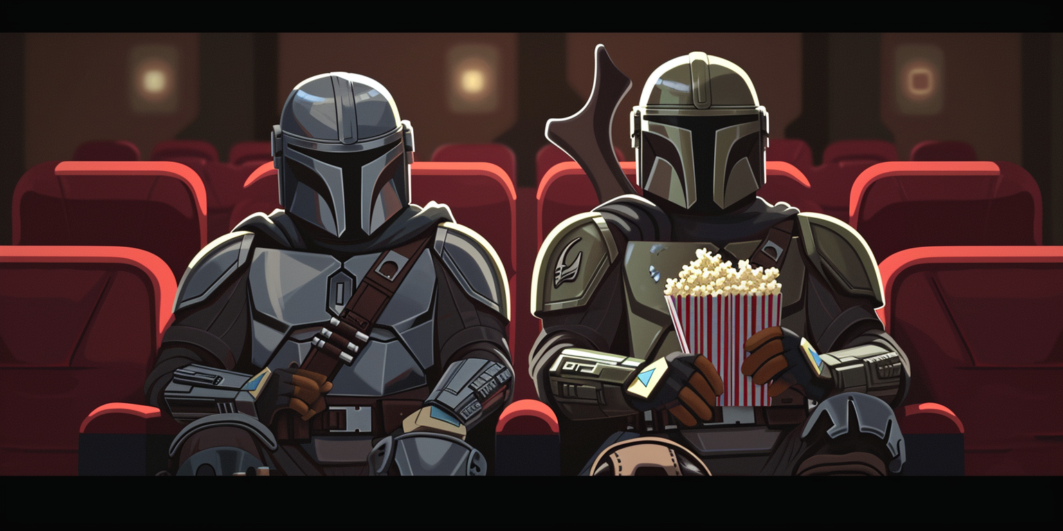 Cartoon illustration Mandalorian Grogu movie theater popcorn