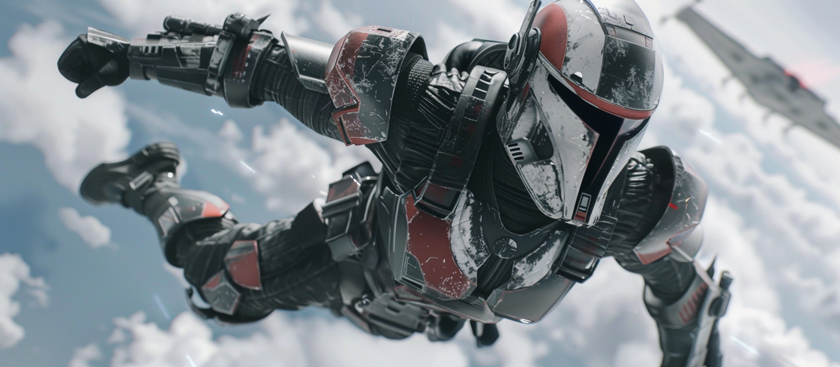 Mandalorian flying in spaceport