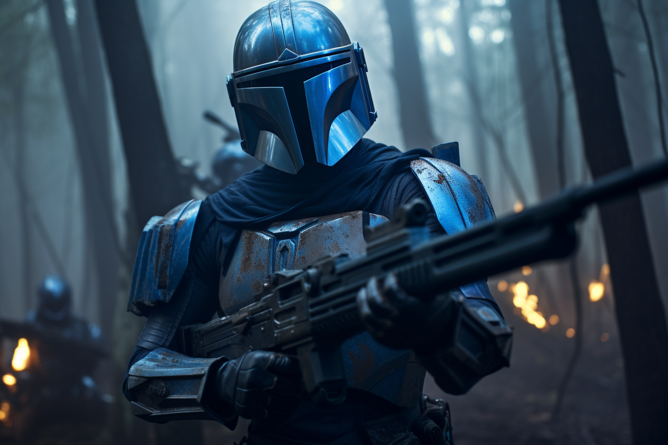 Mandalorian warrior in blue battle scarred armor scouting