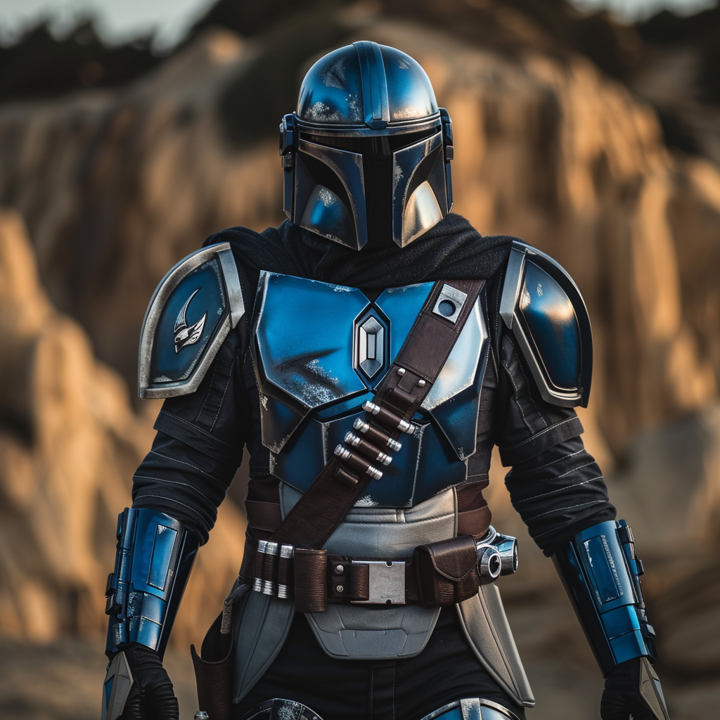 Mandalorian in black silver blue armor
