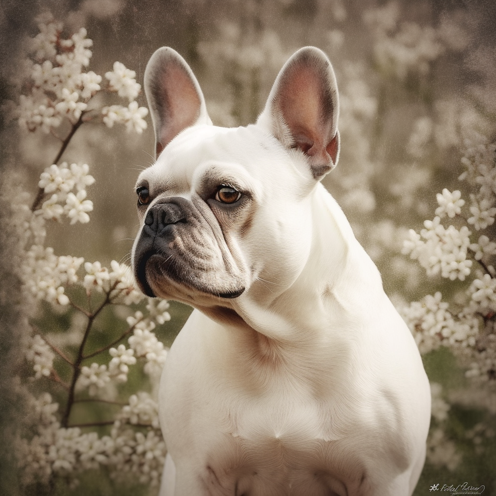 Adorable French Bulldog sitting under white blossom trees