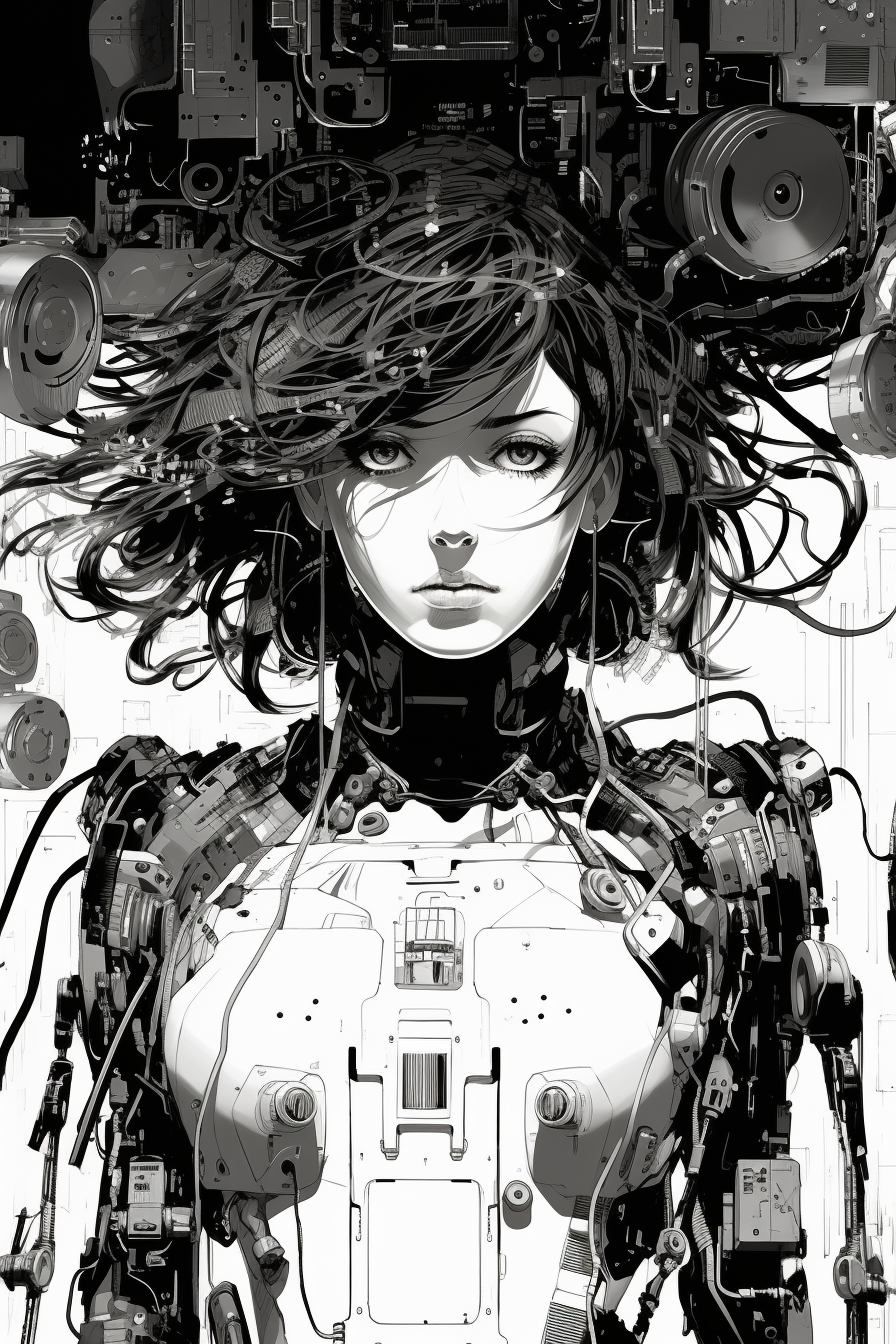 Black and white manga image of Gunnm universe with mechas and cyborgs