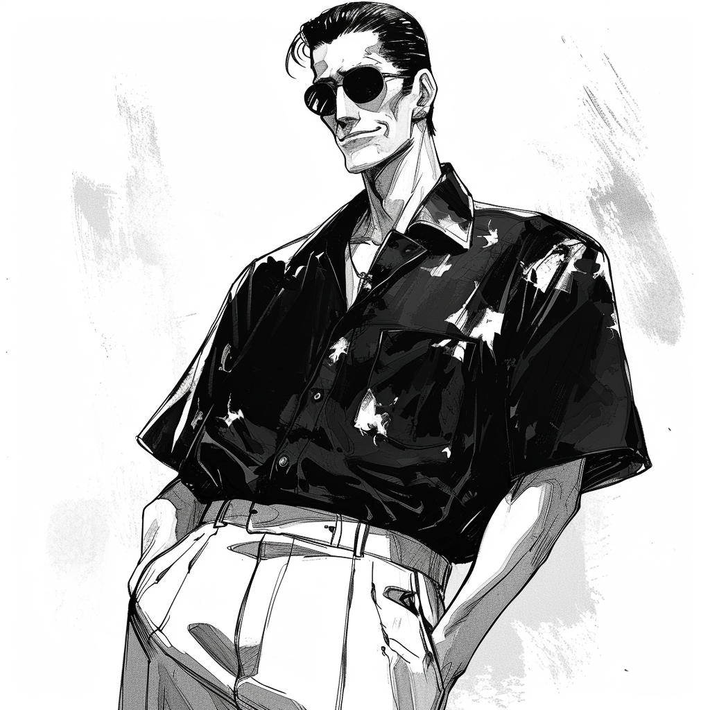 Manga character in black and white bowling shirt