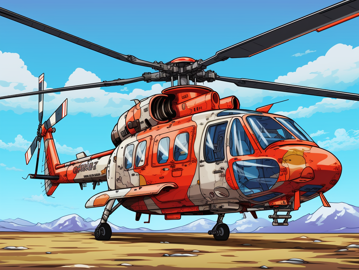 Colorful manga helicopter flying in the sky