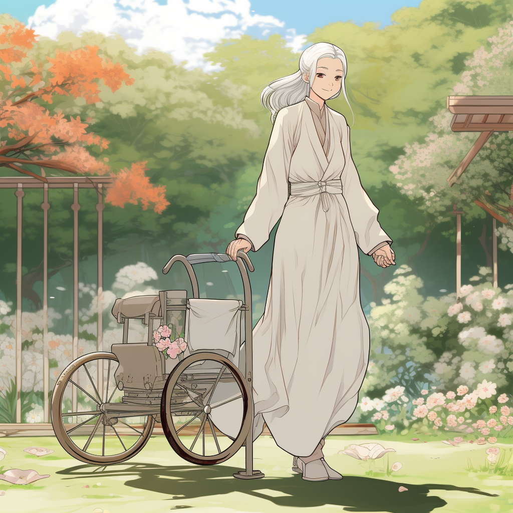 Graceful lady with white hair using a walker in a garden