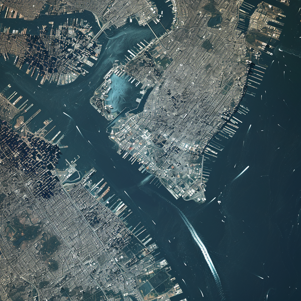 Satellite view of Manhattan Island with nearby meteor strike