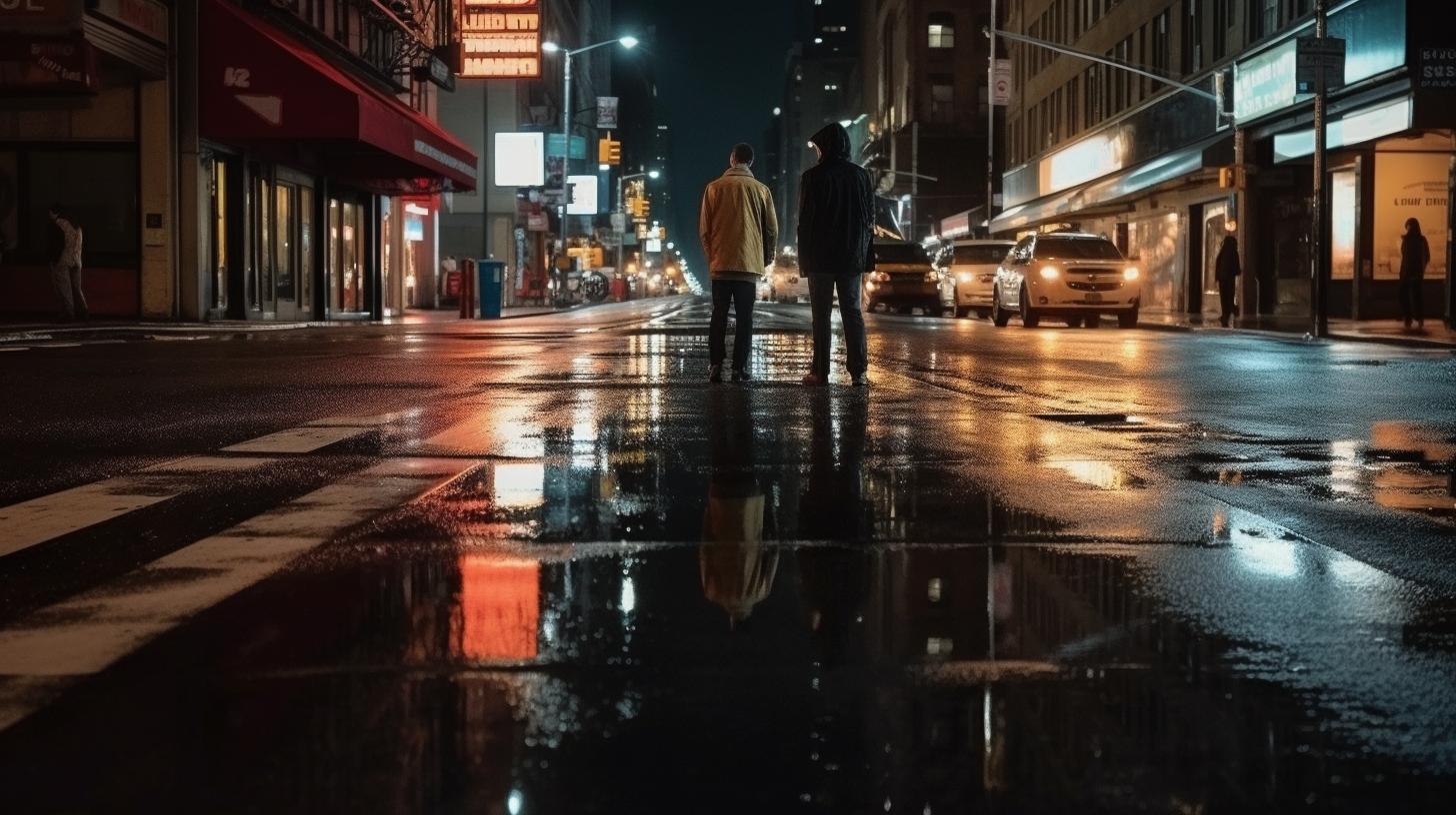 Reflection of man walking in Manhattan at night