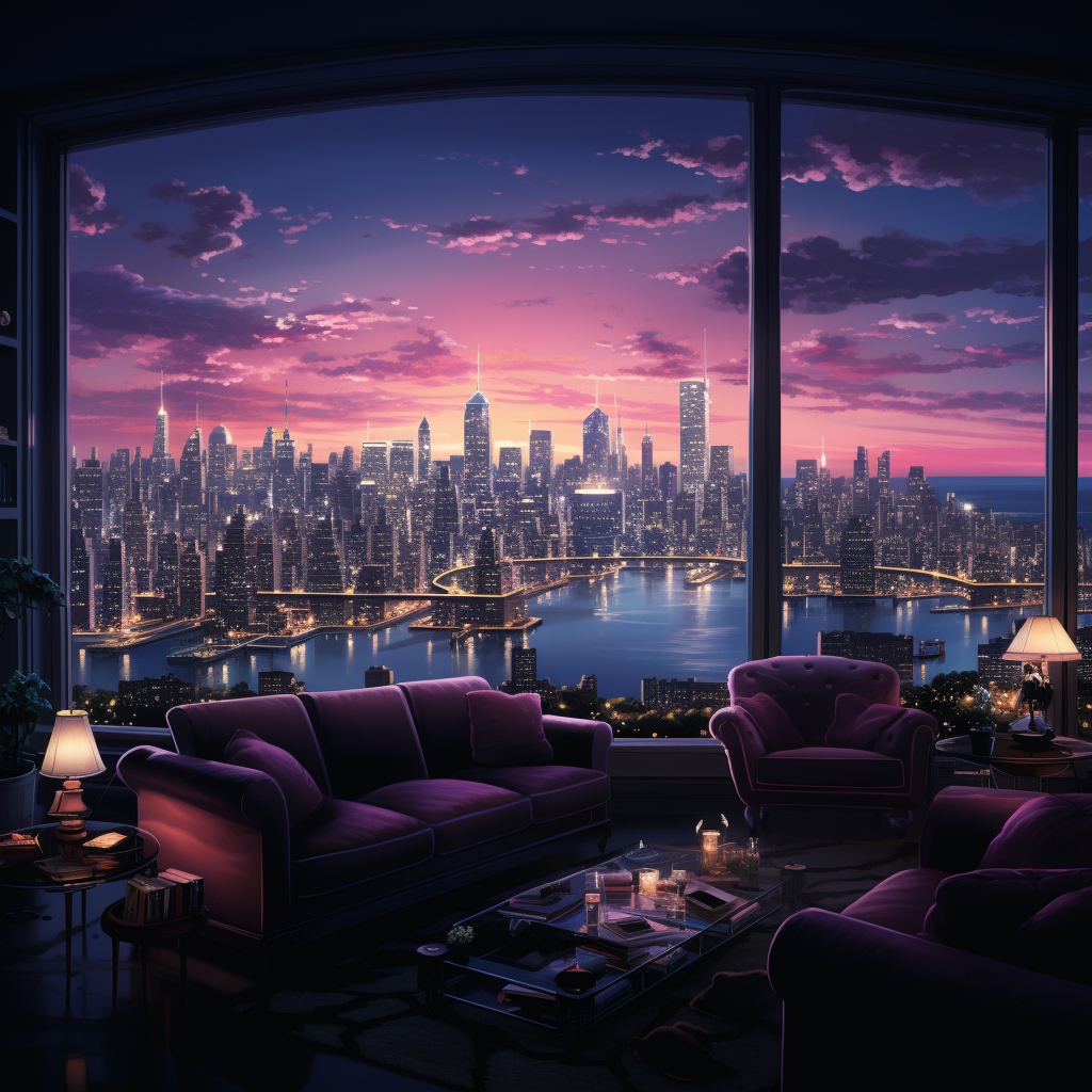 Manhattan skyline at twilight with penthouse gathering