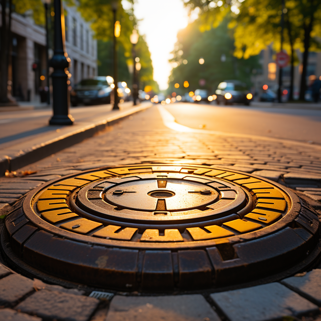 Aerial view of manhole sewer cap on asphalt