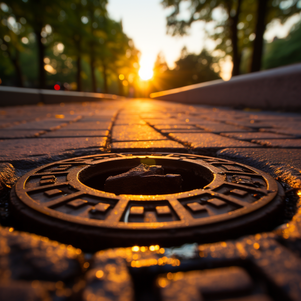 Aerial shot of manhole sewer cap at sunrise