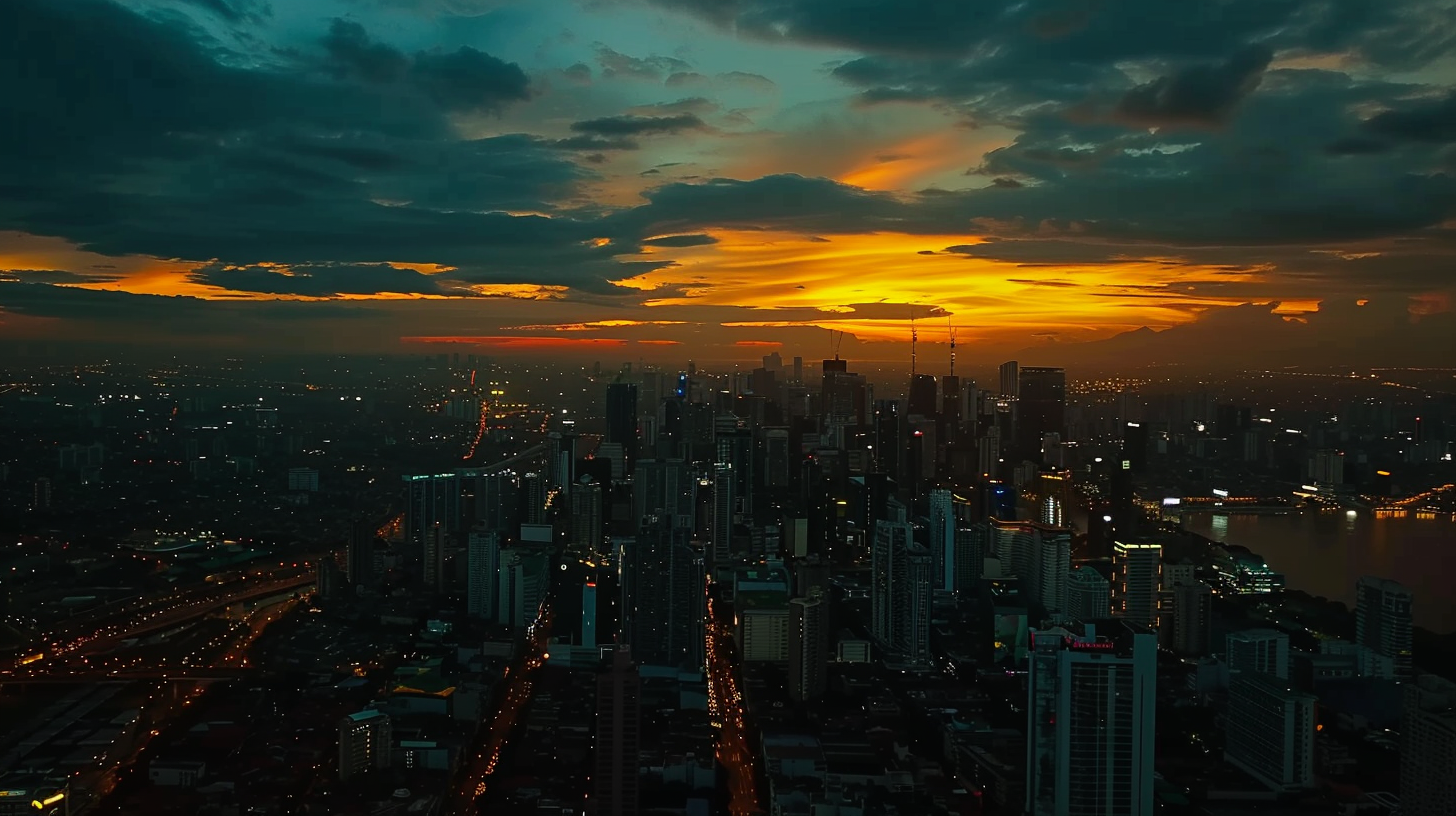 aerial manila business district dusk view