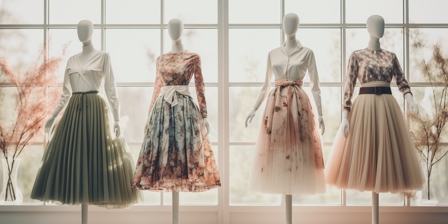 Four mannequins showcasing stylish skirts