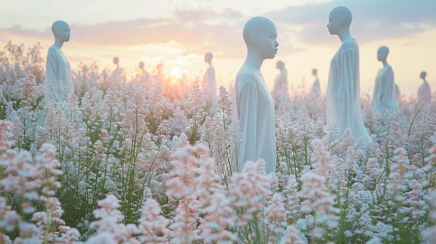 Mannequins in Meadow with Pink Flowers