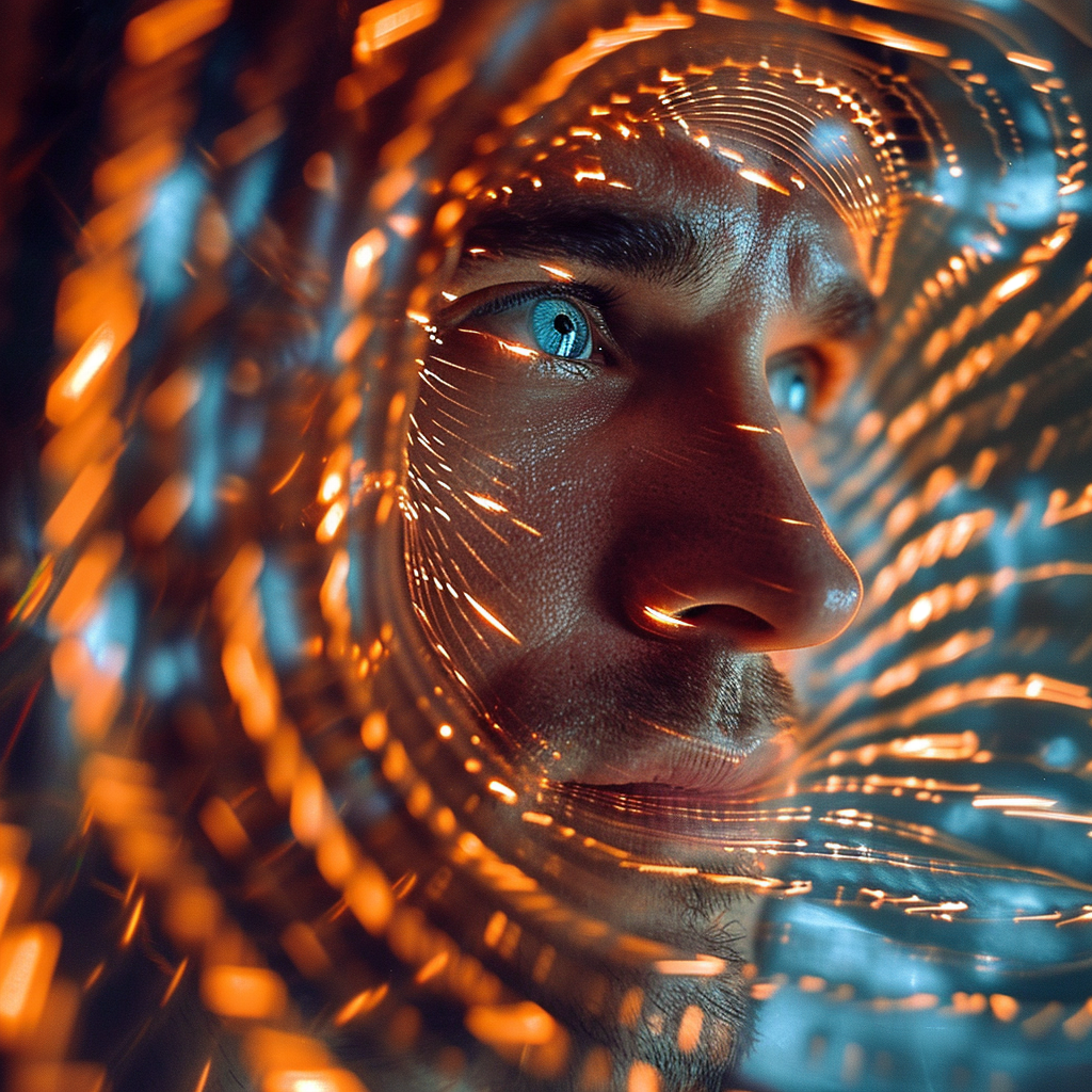 Man's face in timehole filmstrip vortex lights