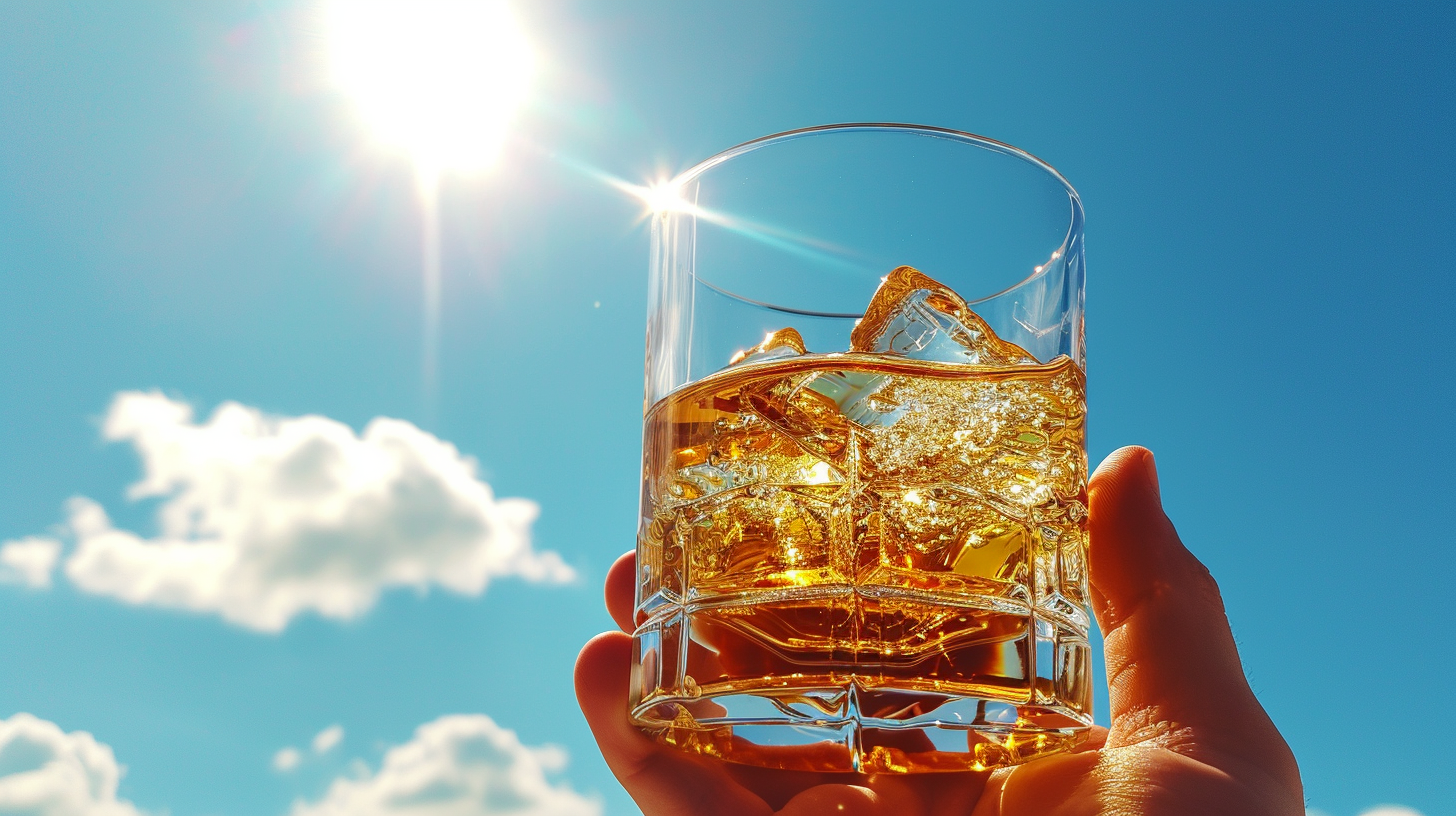 Hand Holding Whiskey Glass Against Blue Sky