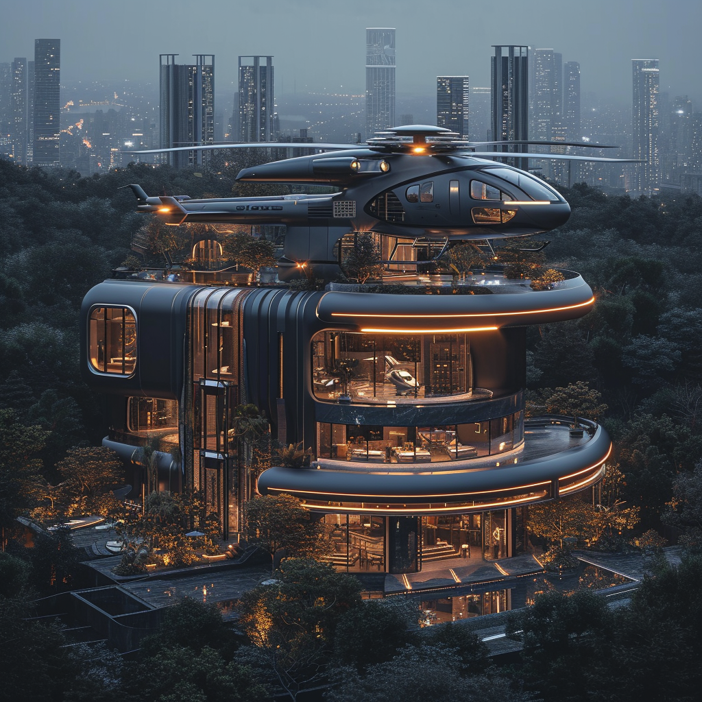 Futuristic mansion with billion dollar house and helicopter