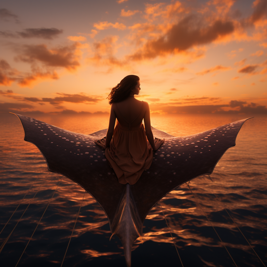 Manta ray flying, sunset backdrop