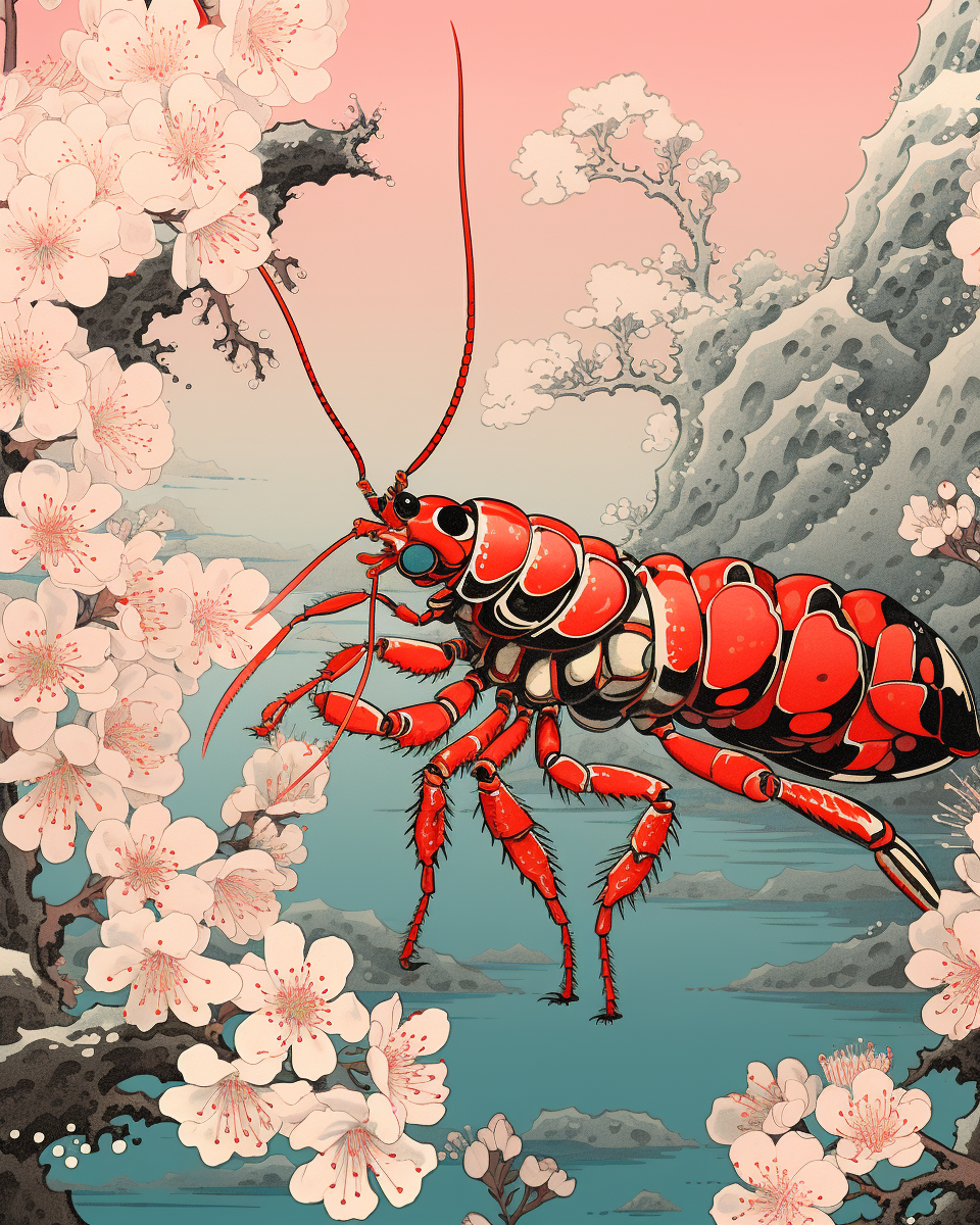 Colorful mantis shrimp ukiyo-e illustration