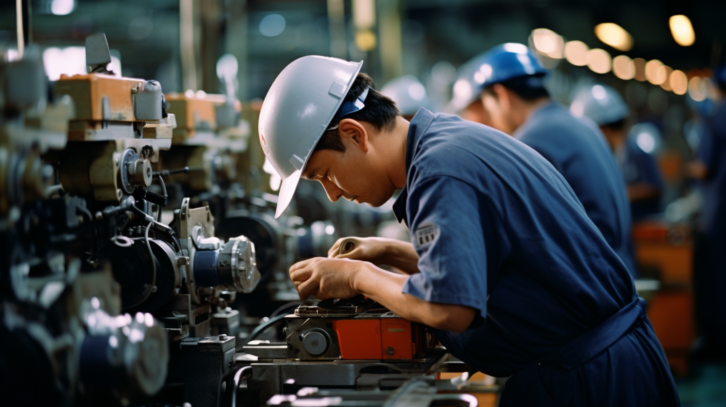 Manufacturing workers using heavy power tools at assembly line