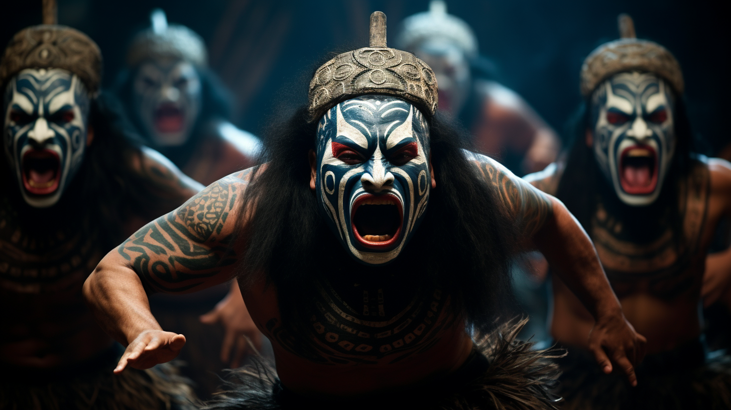 Maori dancers wearing traditional masks during Haka dance