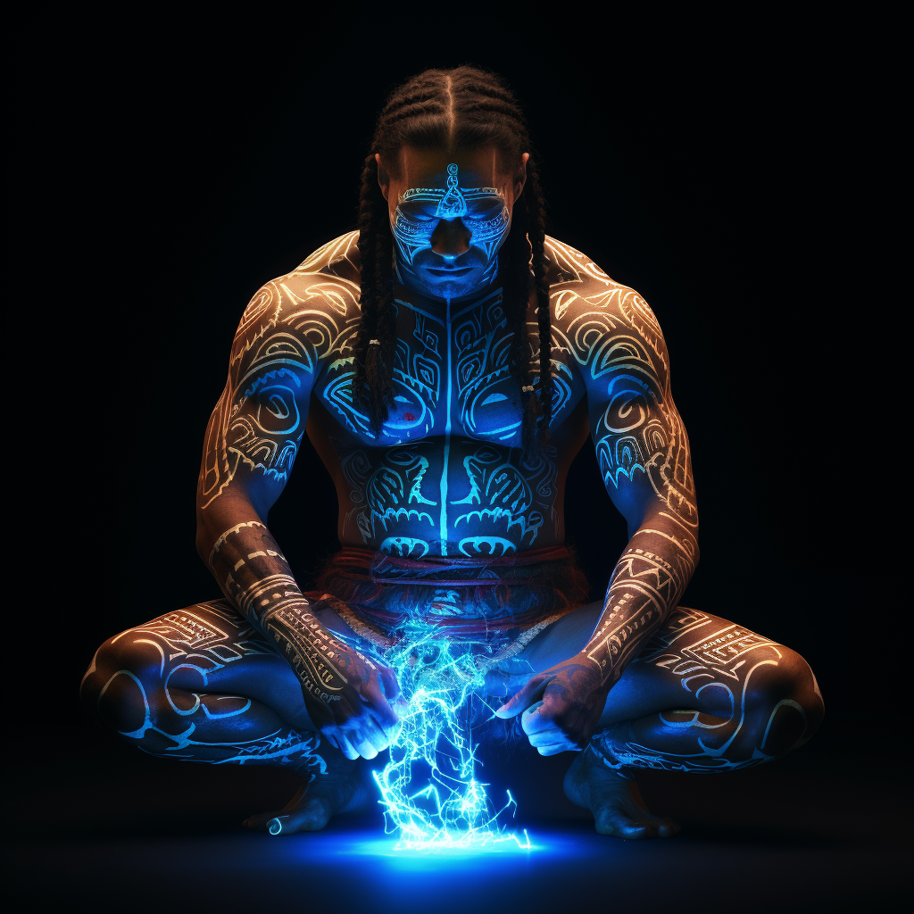 Modern Maori warrior with neon tattoos