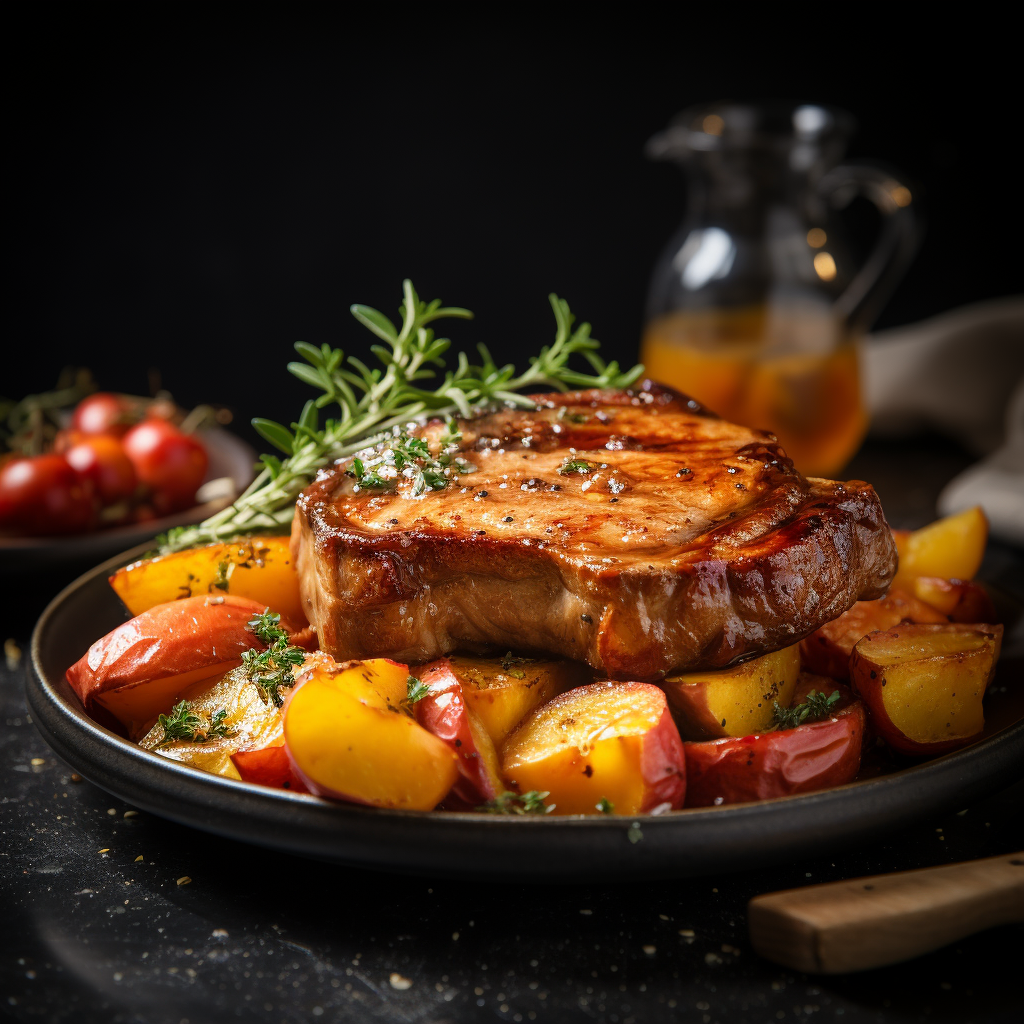 Maple Glazed Pork Chops with Roasted Red Apples and Yams