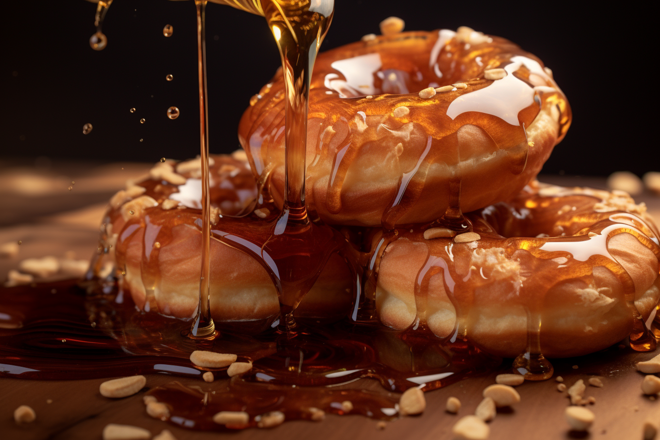 Close-up of Maple Syrup Pouring on Donuts