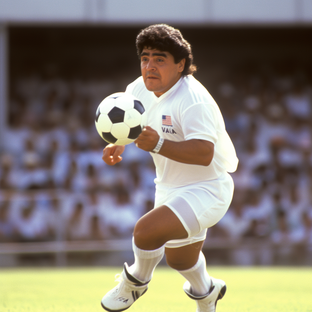 Diego Maradona dribbling soccer ball in heavenly attire