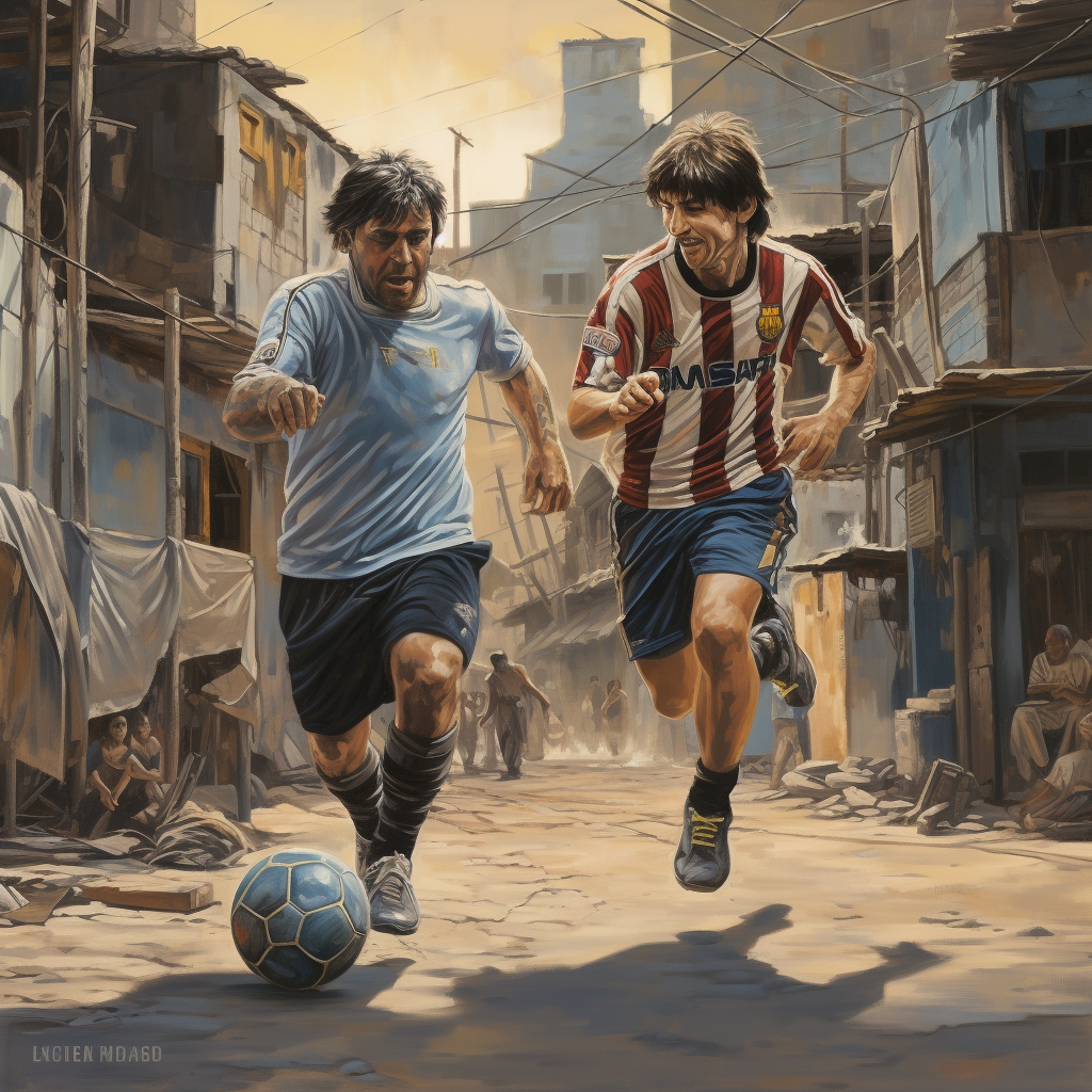 Maradona and Messi playing football in Argentina