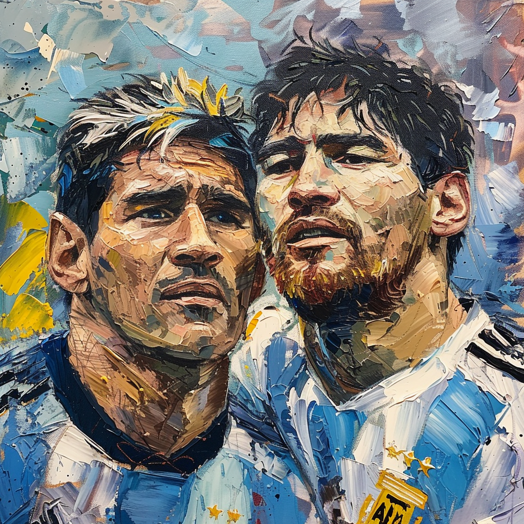 Oil painting Maradona Riquelme portrait